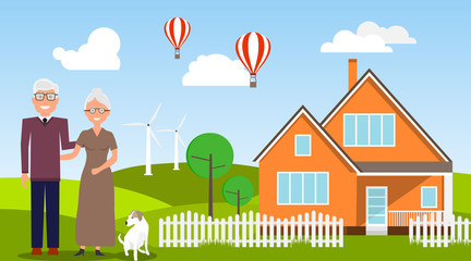 Obraz na płótnie Canvas Vector illustration old man and his wife standing near her house. House and Senior couple - Pets. Vector.