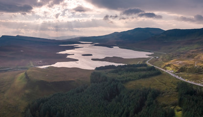 Aerial view of the Loch Leathan close to the Old Man of Storr, Isle of Skye, Scotland
