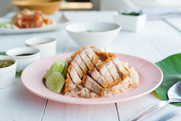 Hainanese rice with crispy pork , Thai gourmet steamed crispy pork rice
