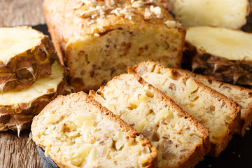 Delicious homemade pineapple bread with walnuts close-up. horizontal