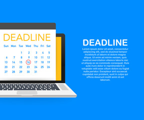 Dates and Deadlines banner. Computer with calendar. Vector illustration.