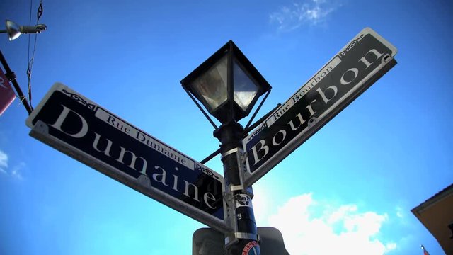 View of Bourbon street sign in the French Quarter of architectural New Orleans Louisiana