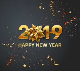 Happy New Year 2019 greeting card with golden bow and confetti.