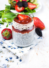 chia seeds pudding and strawberry   in a jar