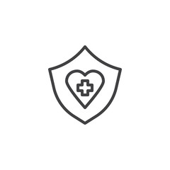 Medical shield with cross and heart outline icon. linear style sign for mobile concept and web design. Heart Insurance simple line vector icon. Cardiology symbol, logo illustration. Pixel perfect