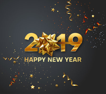 Happy New Year 2019 greeting card with golden bow and confetti.
