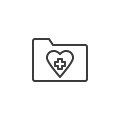Medical folder outline icon. linear style sign for mobile concept and web design. Folder with heart and medical cross simple line vector icon. Cardiology documents symbol, logo illustration