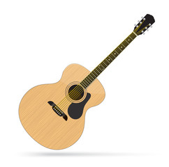 Fototapeta na wymiar Realistic acoustic guitar isolated on white background. Classic guitar. Classical musical instrument. Jumbo.