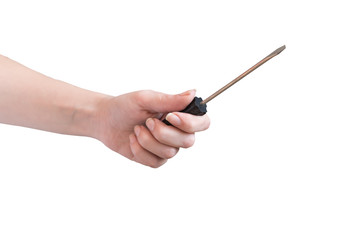 woman holding a screwdriver in her hand isolated on white background