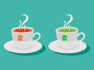Realistic vector image of cup of tea on colored background.