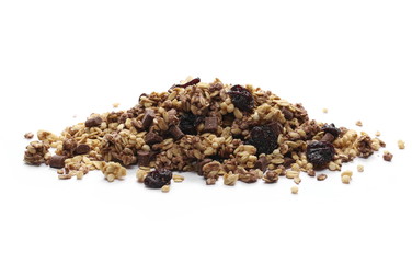 Crunchy granola, muesli with chocolate and cherry pieces isolated on white background