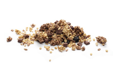 Crunchy granola, muesli with chocolate and cherry pieces isolated on white background