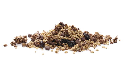 Crunchy granola, muesli with chocolate and cherry pieces isolated on white background