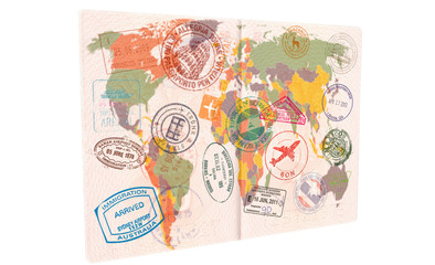 Passport with Visas, Stamps, Seals. World Map Travel or Tourism concept
