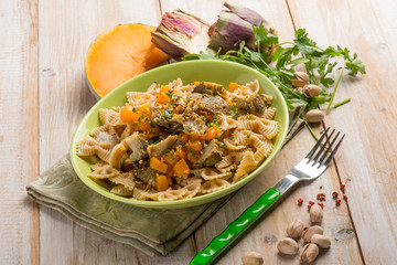 pasta with pumpkin artichoke and pisctachio nuts