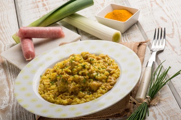 risotto with sausage leek turmeric and chive