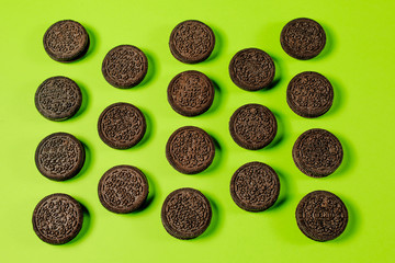 Oreo cookies, Chocolate cream filling sandwich cookies on a green background