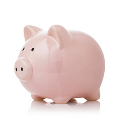 Pink piggy bank from ceramics isolated on white background