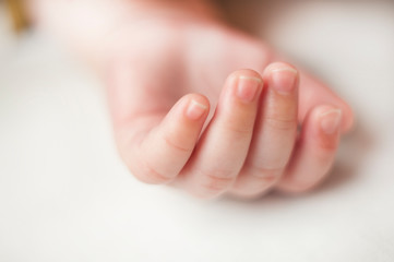 hands sleeping newborn baby close up on white background