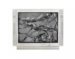the broken monitor of the old TV isolated on a white background, kinescope , gadget, glass, cracks, display