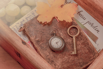 Nostalgia. A vintage pocket watch, a key, an autumn leaf and old letters and postcards in a wooden box, toned image