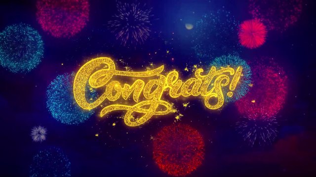 Congrats Greeting Text with Particles and Sparks Colored Bokeh Fireworks Display 4K. for Greeting card, Celebration, Party Invitation, calendar, Gift, Events, Message, Holiday, Wishes . 1