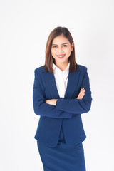 Beautiful Business Woman in blue suit is smiling on white  background