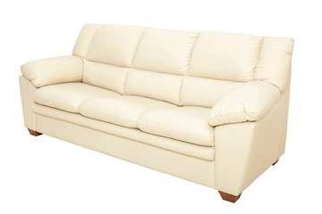Three seats cozy leather sofa in nice champagne color, isolated on white.