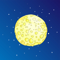 Obraz na płótnie Canvas Fun cartoon yellow, sponge moon icon. Yellow magic full moon with decoration elements on blue background. Magical yellow full moon in dreams vector icon.