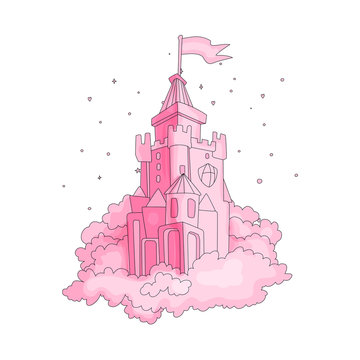 Cartoon medieval fun pink castle with flag and pink grass. Magic cartoon castle for princess from fairy tale icon. Funny pink cartoon castle with decoration background.