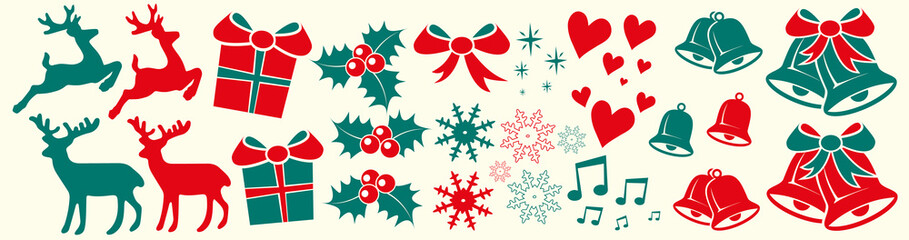 Fototapeta premium Weihnachtliche Elemente, Reentier, Glocken, Mistelzweig, Sterne, Schleife, Herz