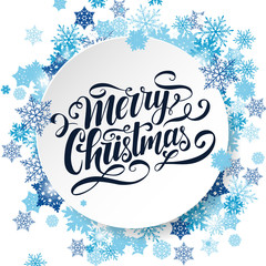 Merry Christmas vector lettering inscription. Handwritten Christmas greeting card. Handlettering typography poster. White background with blue snowflakes. Xmas design template.