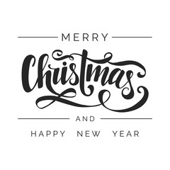 Merry Christmas and Happy New Year vector lettering. Handwritten typography template. Black letters isolated on white background. Isolated Christmas typography template. Hand drawn clipart.