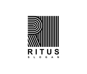 Capital letter R is inscribed in a square.. Modern template for monograms, logos, emblems, initials. Made of black stripes overlapping with shadows.