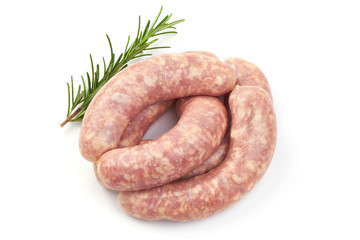 Fresh Sausages, Spiral Sausages with herbs, isolated on a white background. Close-up