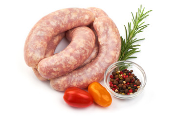Italian sausages, Raw Salsiccia Sausages with herbs and spices, isolated on a white background. Close-up