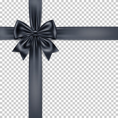 Black gift bow and ribbon isolated on transparent background. 