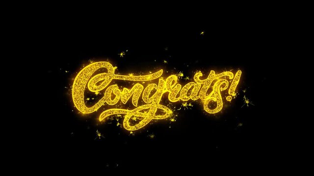 Congrats Typography Written with Golden Particles Sparks Fireworks Display 4K. Greeting card, Celebration, Party Invitation, calendar, Gift, Events, Message, Holiday, Wishes Festival 