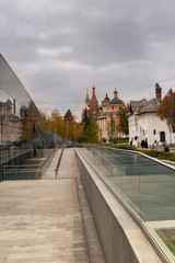 modern footpath in the park Zaryadye, leading to the cathedrals of the Moscow Kremlin