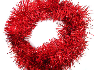 Christmas traditional decorations red tinsel. Xmas ribbon garland isolated on white background