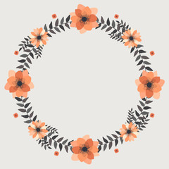Obraz premium Floral greeting card and invitation template for wedding or birthday anniversary, Vector circle shape of text box label and frame, Orange cosmos flowers wreath ivy style with branch and leaves.