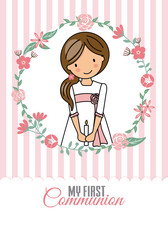 my first communion girl. Pretty girl inside a flower frame