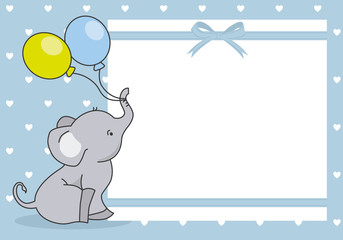 Naklejka premium baby boy shower card. cute elephant with balloon. space for text