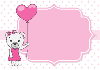 Obraz premium baby girl shower card. cute bear with balloon. space for text