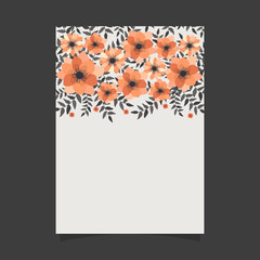 Common size of floral greeting card and invitation template for wedding or birthday anniversary, Vector shape of text box label and frame, Orange cosmo flowers wreath ivy style with branch and leaves.