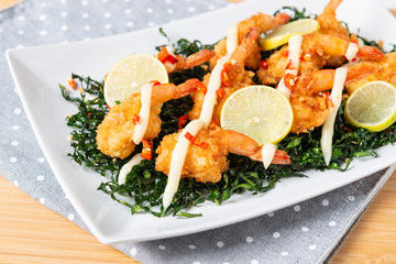 Fried Shrimp with Lime Cream Sauce and deep fried kale