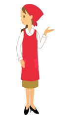 横向きで案内をするエプロンの女性店員　全身