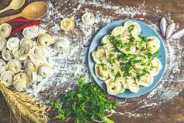 Tasty cooking and raw homemade meat dumplings or traditional italian ravioli