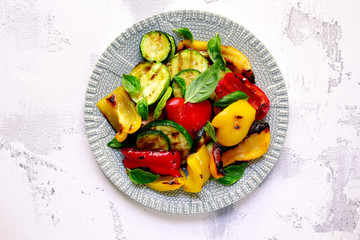 Warm grilled vegetables salad.Top view with copy space.