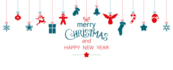 Merry Christmas and Happy New Year banner with colorful holiday decorations.